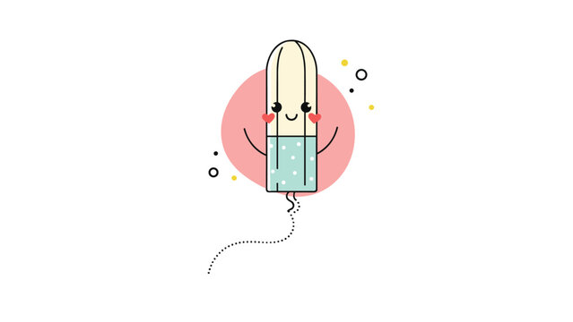 Cheerful tampon character with a happy face and blushing cheeks floats inside a pink circle against a white background.