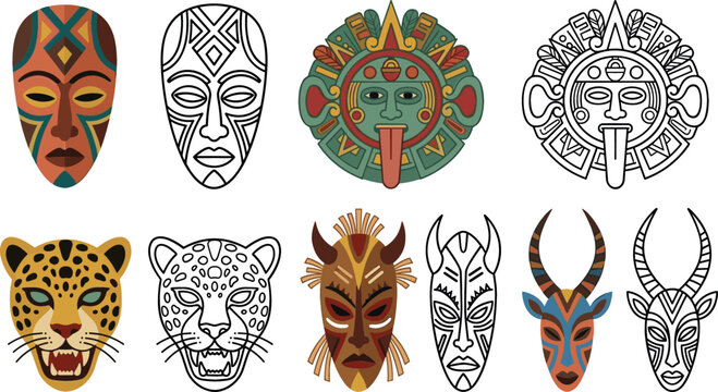 Tribal mask vector collection featuring ethnic African and Aztec designs with wild jaguar and antelope animals isolated on a white background