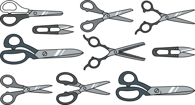 Various scissors vector illustration collection including tailoring shears hairdressing thinning scissors and thread cutters isolated on a white background.