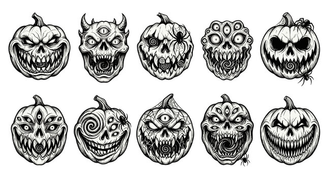 Collection of ten detailed handdrawn halloween pumpkin faces with various expressions and styles