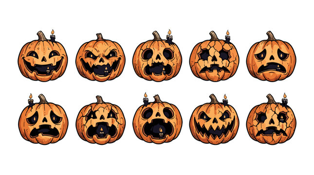 Image 9: Set of ten carved halloween pumpkins with various facial expressions and spooky designs