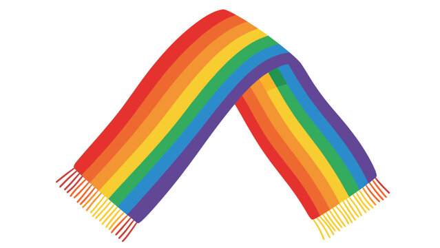 Colorful knitted scarf features the vibrant stripes of the rainbow and classic fringed ends displayed on a white background.