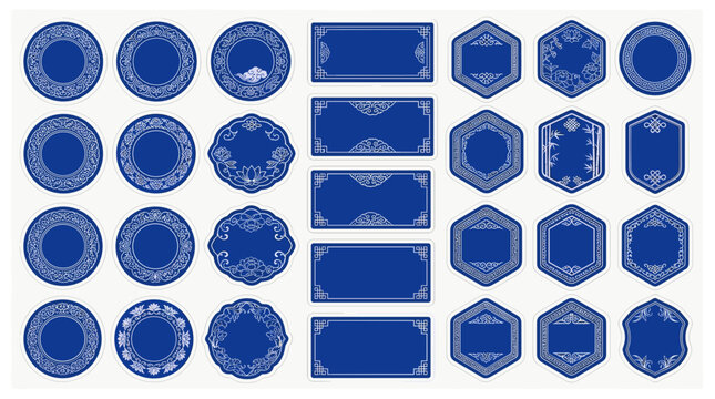 Set of blue geometric shapes including circles squares hexagons and rectangles