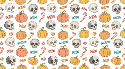 Fototapeta premium Halloween pattern with pumpkins skulls candies and bats on a festive background