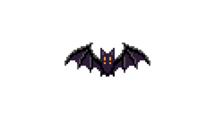 Obraz premium Pixel art bat with outstretched wings and glowing eyes in a dark night scene