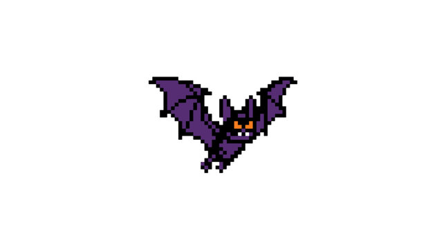 Pixel art illustration of a cute cartoon bat with purple wings and orange eyes