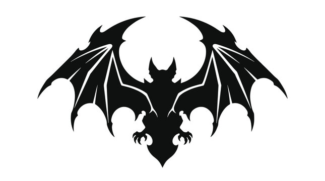 Black bat with outstretched wings and pointed ears, detailed silhouette illustration