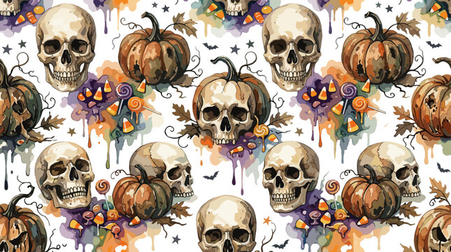 Halloween themed pattern featuring skulls pumpkins flowers and bats on a festive background