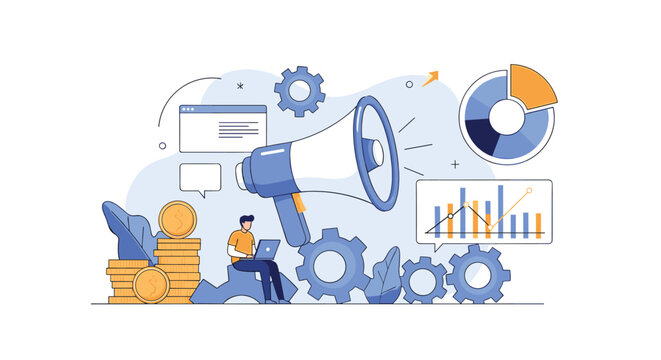Creative marketer managing online advertising and financial growth next to giant megaphone and gear wheels.