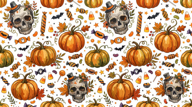 Halloween themed pattern with skulls pumpkins leaves and candies
