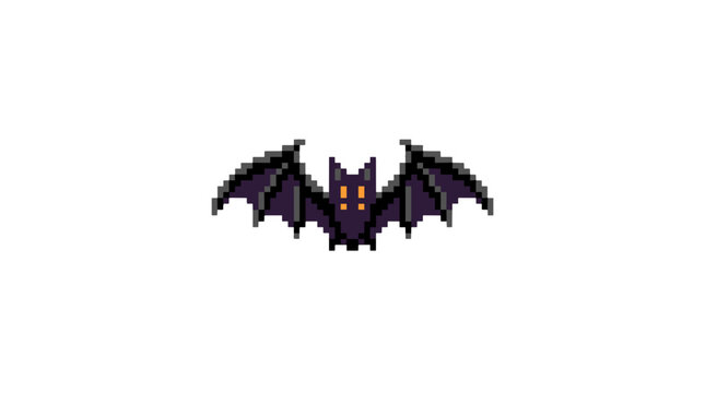 Pixel art bat with outstretched wings and glowing eyes in a dark night scene