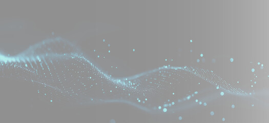 Abstract futuristic blue particle wave overlay, twin digital network cyber grid on grey background wide banner. Elegant minimalist aqua blue bokeh light design element © Lumına Studıo