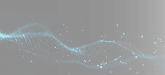 Fotobehang Golven Abstract futuristic blue particle wave overlay, twin digital network cyber grid on grey background wide banner. Elegant minimalist aqua blue bokeh light design element  © Lumına Studıo