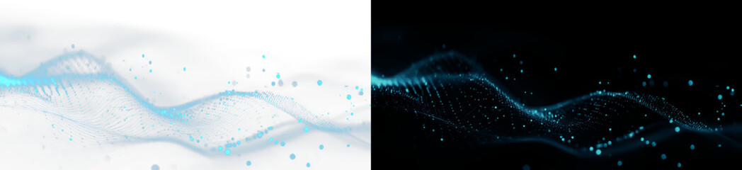 Abstract futuristic blue particle wave overlay, twin digital network cyber grid on black and white background wide banner. Elegant minimalist aqua blue bokeh light design element © Lumına Studıo