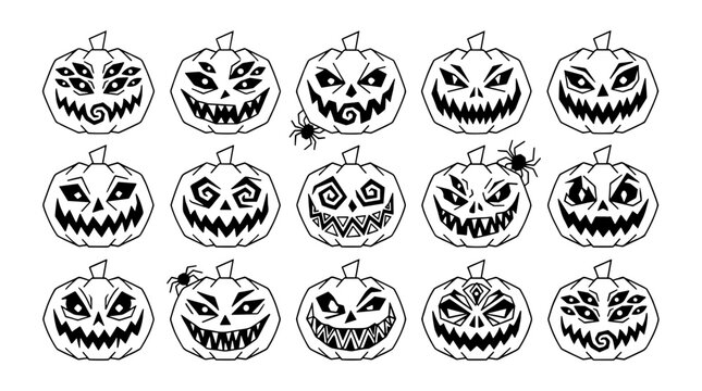 Collection of spooky halloween pumpkins with carved faces and expressive eyes for celebration