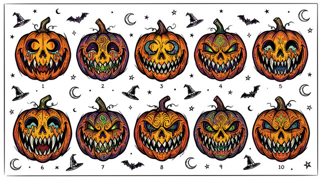 Halloween themed pumpkins with spooky faces and bats flying in the night sky
