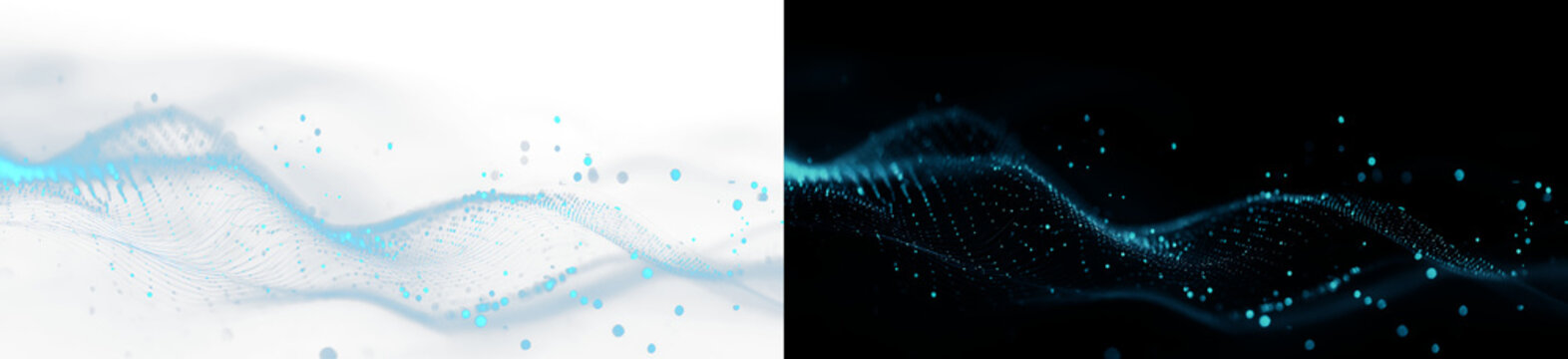 Abstract futuristic blue particle wave overlay, twin digital network cyber grid on black and white background wide banner. Elegant minimalist aqua blue bokeh light design element