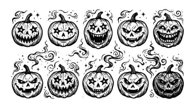 Collection of halloween pumpkin faces with various expressions and spooky designs
