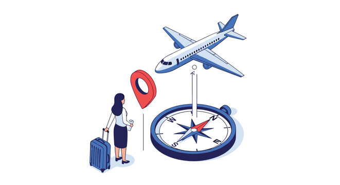 Isometric vector of woman traveler with suitcase using compass and location pin to plan airplane flight.