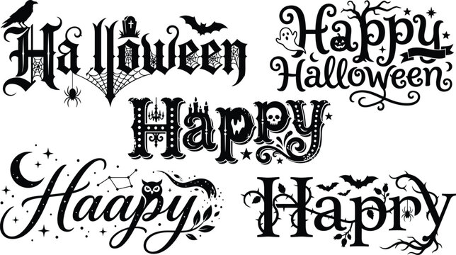 Set of decorative black typography designs for halloween featuring spooky lettering and gothic style fonts isolated on a clean white background surface
