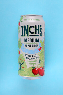 Inches Medium Apple Cider can top view on pastel blue background with copy space