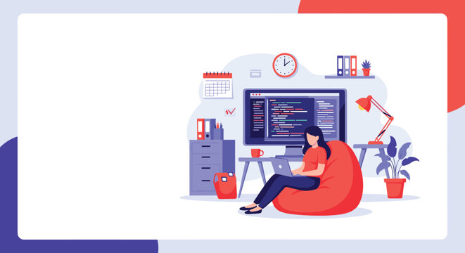 Creative female programmer writing code on laptop while sitting in red bean bag chair in modern office.