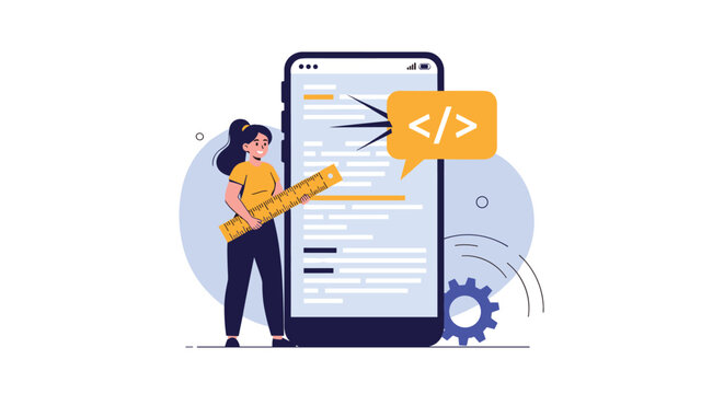 Female mobile app developer holding giant wooden ruler to measure interface elements on big smartphone screen.