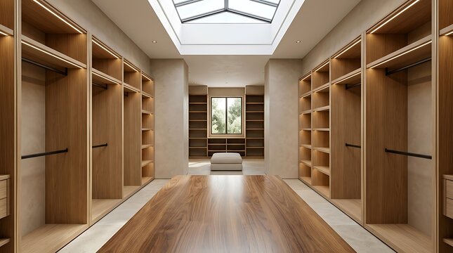 Luxury Wooden Walk-In Closet Interior with Minimalist Shelving and Natural Skylight Lighting for Real Estate