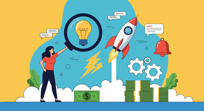 Ambitious female entrepreneur launches a startup rocket by researching brilliant business ideas with a large magnifying glass.