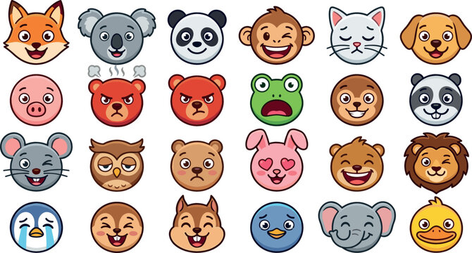 Vector illustration set of cute cartoon animal face emojis with various expressions including happy angry crying and love eyes isolated on white background