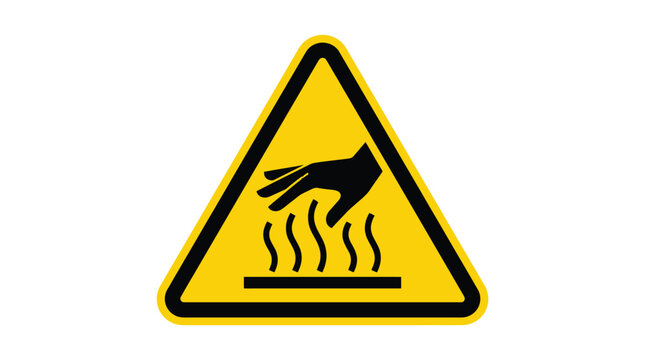 Bright yellow triangle warning sign featuring a black hand icon representing a hot surface hazard