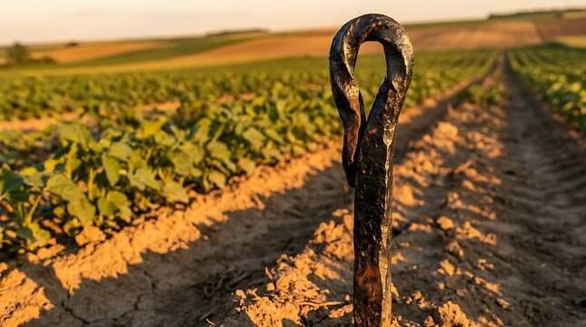 A weathered antique field marker stands in a vast agricultural landscape at golden hour highlighting traditional surveying tools in a rural farmland setting.