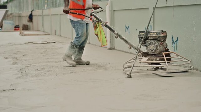 Unrecognizable builder polishing a wet cement floor with a power float machine at a construction site