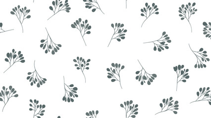 Fototapeta premium Simple seamless pattern with dark green berry sprigs and leaves scattered on white background.