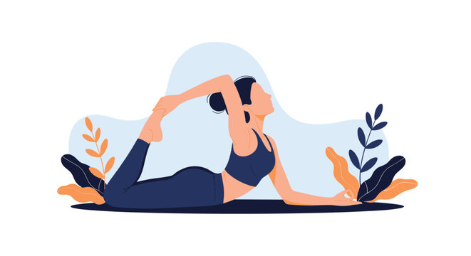 Athletic woman practicing advanced yoga backbend pose on a mat surrounded by decorative stylized plants.