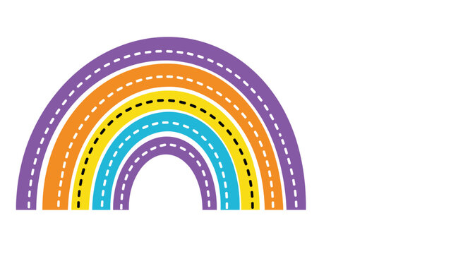 Stylized colorful rainbow with purple, orange, yellow, and blue arcs and dashed white lines.