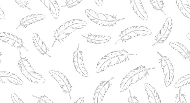 Seamless repeating pattern of delicate hand-drawn bird feathers scattered randomly over a clean white background for fabric prints.