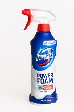 Domestos Power Foam toilet and bathroom cleaner spray bottle isolated on white background