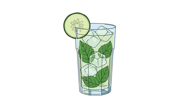 Refreshing glass of cucumber and mint mojito drink filled with ice cubes and garnished with a fresh cucumber slice on the rim of the glass.