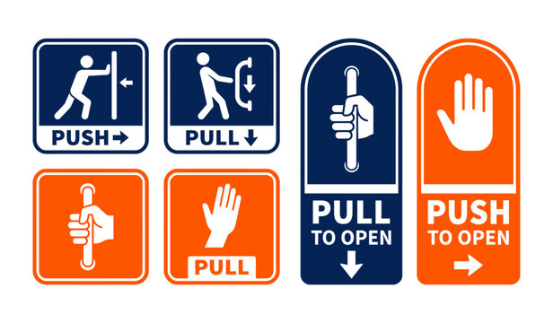 Push and pull door sign vector set with stick figures and hand icons Door sign stickers pack with push to open and pull to open indicators