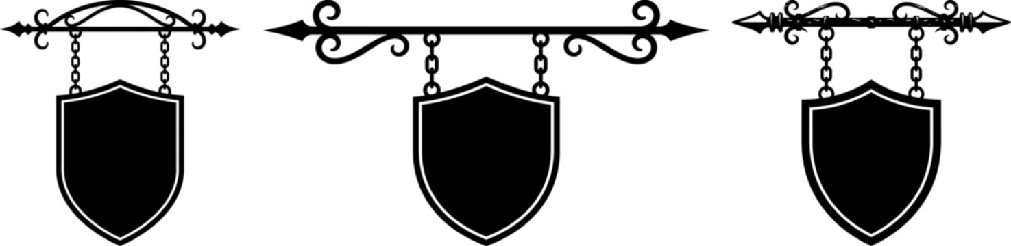 Vintage medieval shield hanging signs vector illustration set black silhouette of blank retro wrought iron street hanging signboards