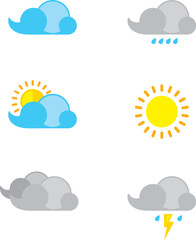 Fototapeta premium Weather Icons Set with Flat Flat Design Sunny Cloudy Rain Thunderstorm and Grey Sky Climate Symbols Vector Illustration