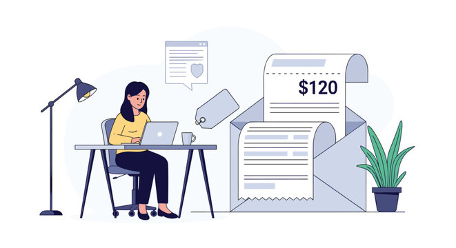Focused female freelancer checks her electronic invoice of one hundred twenty dollars on a laptop in her home.