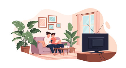 Fototapeta premium Young couple sitting comfortably on a sofa in a modern living room filled with plants while watching television together.