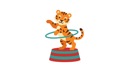 Obraz premium A cute cartoon tiger plays with a hula hoop on a stage