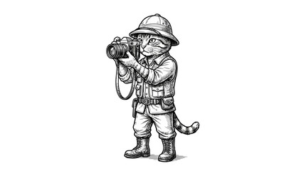 Fototapeta premium A cute cat dressed as an explorer taking a photograph