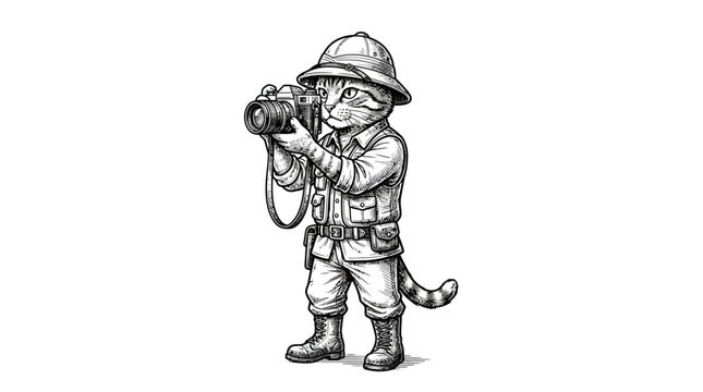 A cute cat dressed as an explorer taking a photograph
