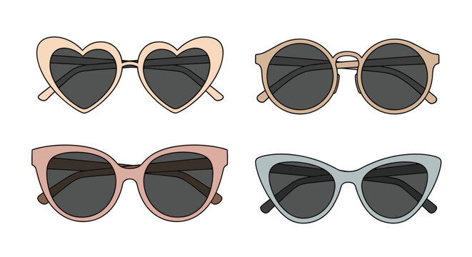 Selection of fashionable sunglasses featuring heart shapes, classic round frames, and stylish cat-eye designs for a trendy summer look.