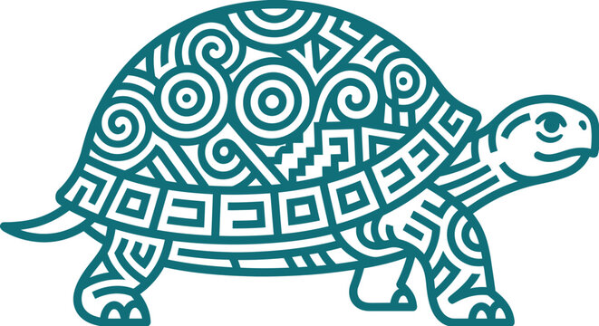 A stylized turtle illustration features intricate geometric patterns throughout