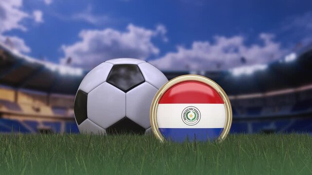A football "soccer" ball rotating behind a badge displaying the Paraguayan flag on the grass of a playing field.  4K loopable video.
